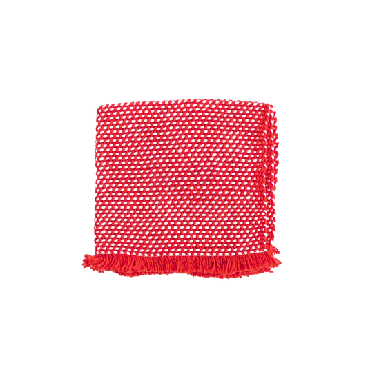 Folded red and white washcloth